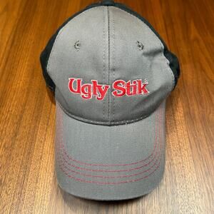 Ugly Stik Fishing Hat Cap Gray Black Adjustable Strap One Size Red Stitching